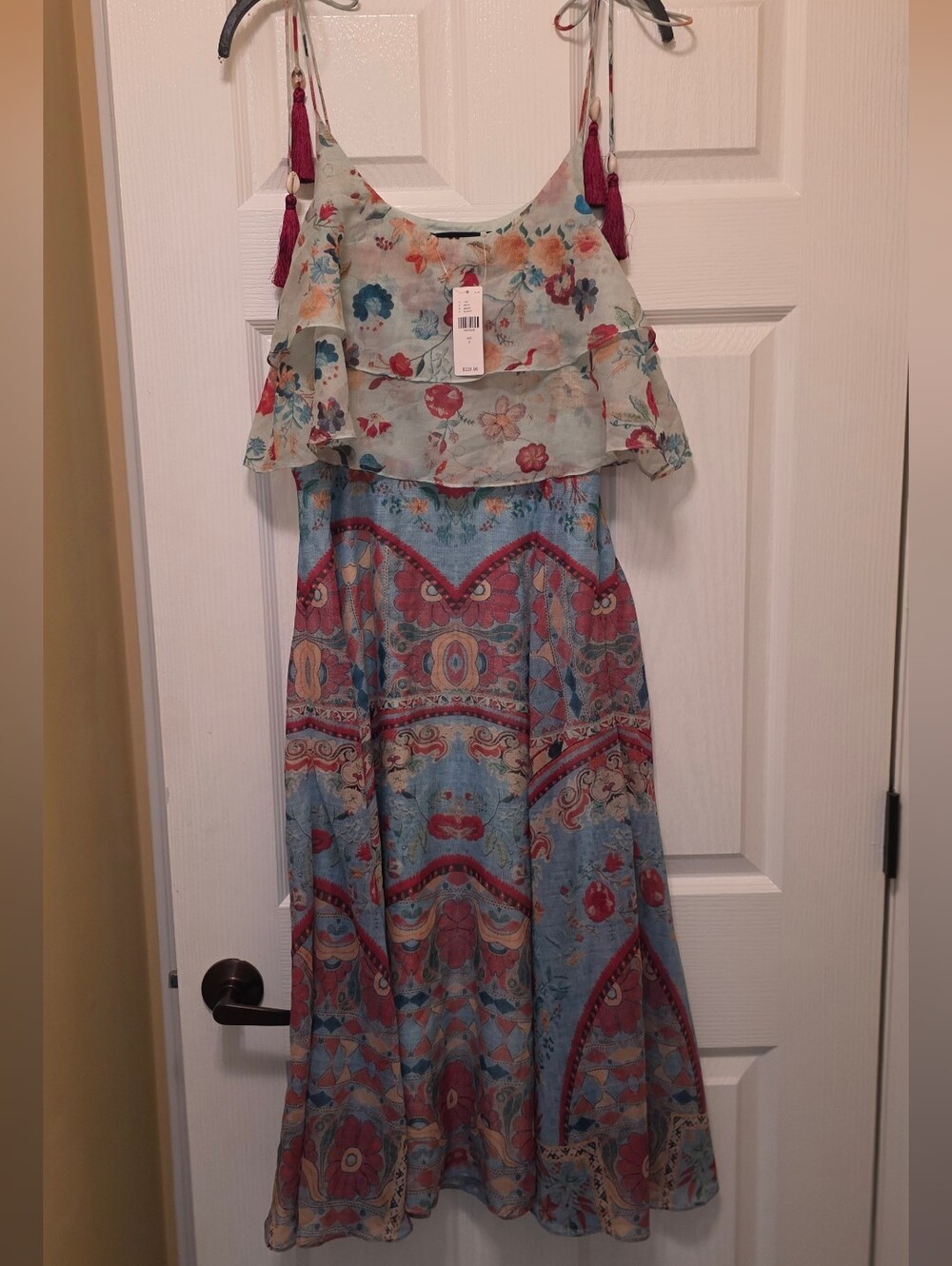 Anthropologie Blue Maxi Dress with Pink Tassel Straps